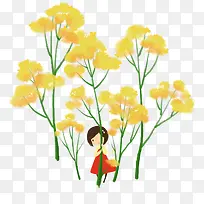 春日装饰插画黄色油菜花与小女孩