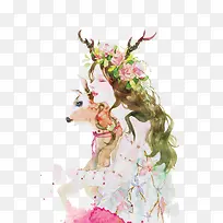 免抠卡通手绘抱着麋鹿的女人