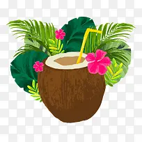 水彩绘夏威夷椰汁和棕榈树叶矢量
