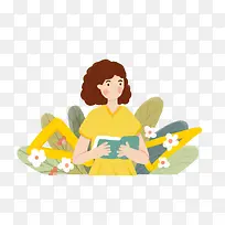 免抠卡通手绘站在花丛里看书的女