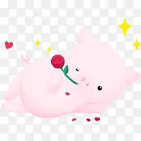 2019新年躺着手拿玫瑰花的猪装饰