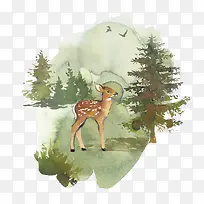 卡通手绘小鹿与植物
