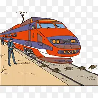卡通手绘乌龟过轨道红色列车