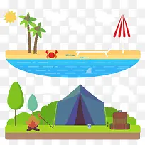海滩与绿色植物扁平图案
