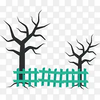 绿色围栏枯木