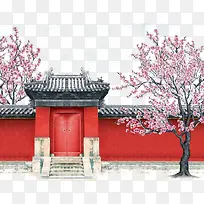 中国风房屋和桃花树