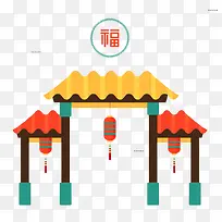 卡通中国风门框建筑图