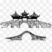 中国风古亭线条拱桥手绘