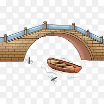 手绘拱桥小船插画