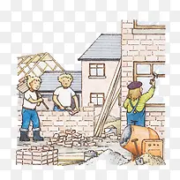 手绘插图建筑工人方砖盖房子