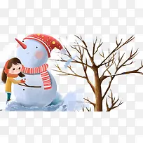 冬季下雪堆雪人卡通装饰插画