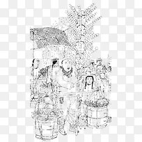 线描古代街道生活素材