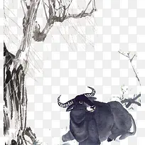 清明节牧牛手绘插画素材