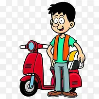 卡通可爱插图骑摩托车的小男孩