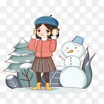 卡通冬季雪人女孩插画