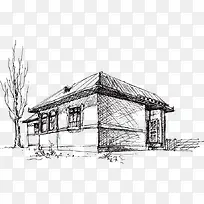 枯树干和房子素描画