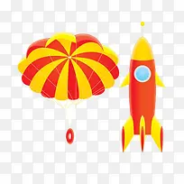 降落伞和火箭卡通模型