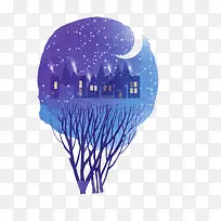 蓝色墨迹中的夜景