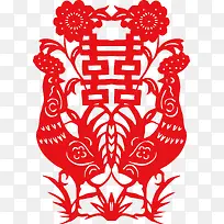剪纸一对公鸡喜字对称矢量