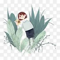 女孩踏青手绘图