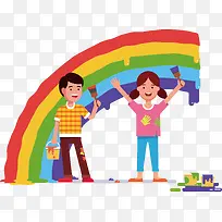 用油漆画出彩虹的两个人