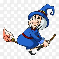卡通坐在魔法扫帚上的老女巫