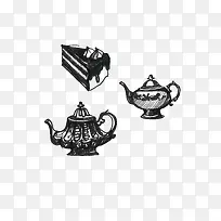 矢量手绘黑色素描英式红茶糕点