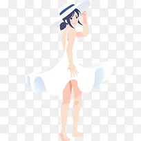 卡通夏季穿白色裙子少女插画装饰