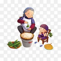 卡通奶奶孙女包粽子