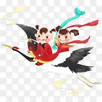 卡通手绘仙鹤福娃送福插画素材