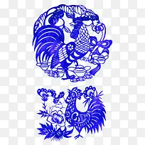蓝色中国风剪纸公鸡装饰图案