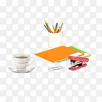 橙色书本铅笔筒咖啡订书机