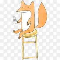 手绘卡通小狐狸喝茶