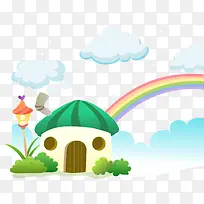 可爱蘑菇小屋彩虹插图矢量