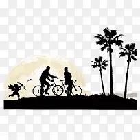 自行车情侣天使椰子树剪影