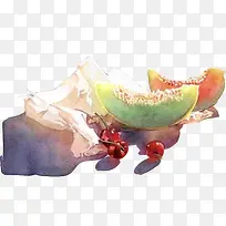 香瓜和樱桃油画素材图片