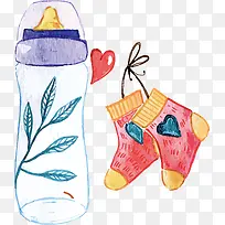水彩水墨卡通婴儿用品奶瓶袜子素