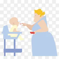 婴儿吃饭矢量手绘卡通母亲孩子插