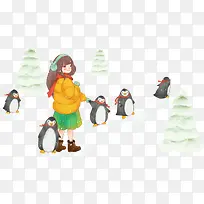 小女孩与企鹅装饰卡通手绘插画