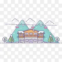 卡通扁平化雪地中的别墅小屋