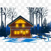 冬日雪地夜晚中的森林小屋
