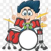 卡通人物插图表演架子鼓的男孩
