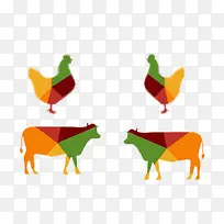 鸡和牛的彩色剪影