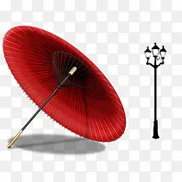 中国风油纸伞红色雨伞路灯