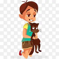 抱着猫咪的卡通男孩
