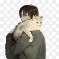 抱着猫的男人背影手绘