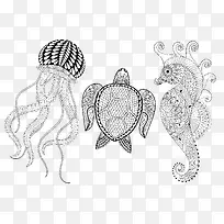海洋生物黑白图腾线稿