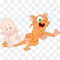 卡通婴儿抓猫尾巴