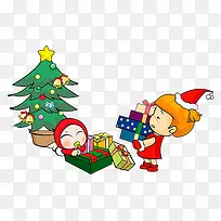 圣诞节卡通收到礼物的小孩圣诞树