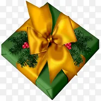 橙色丝带绿纸包装的圣诞礼物